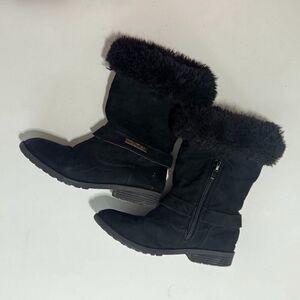Nautica Girls Black Faux Suede Winter Boots Size 1 Faux Fur Trim Zipper Warm